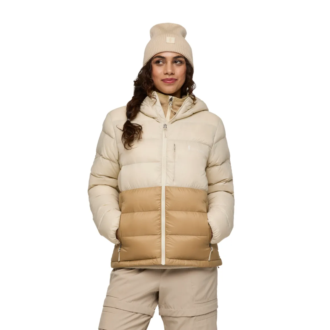 Cotopaxi Fuego Max Down Hooded Dunjakke, dame (Cream and Khaki)
